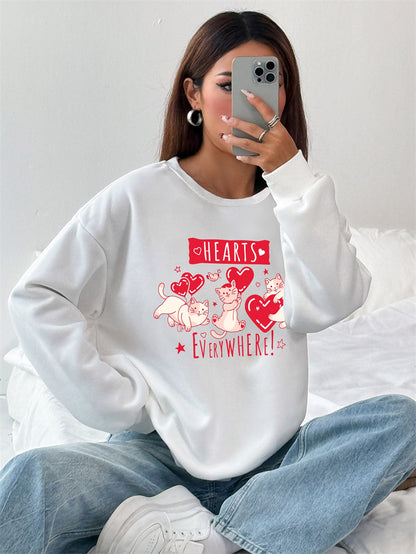 Women Cute Cat HEARTS Print Casual Sweatshirt