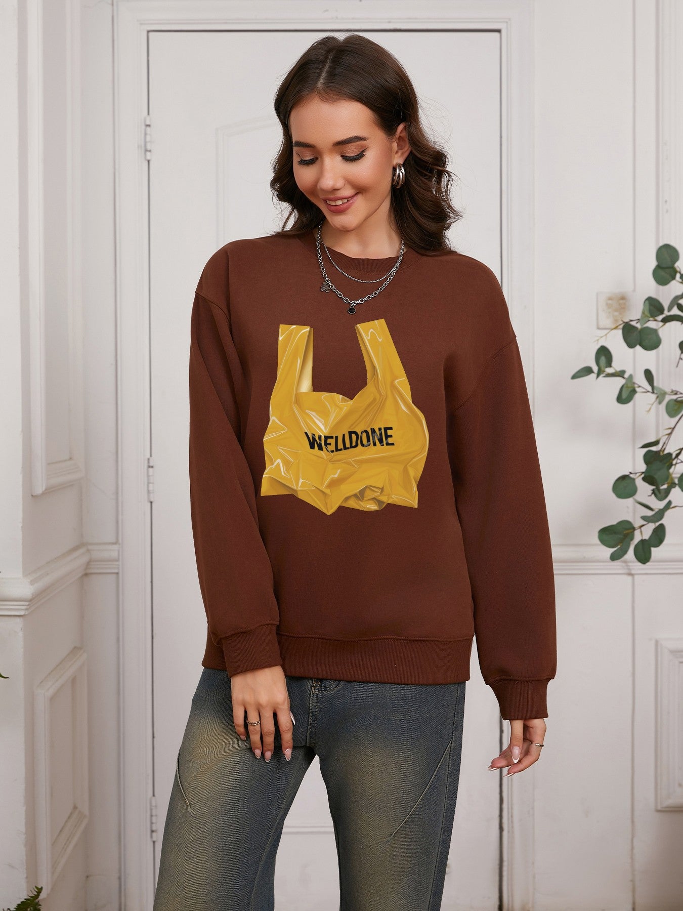 Women Yellow Garbage Bag & Welldone Print Casual Sweatshirt