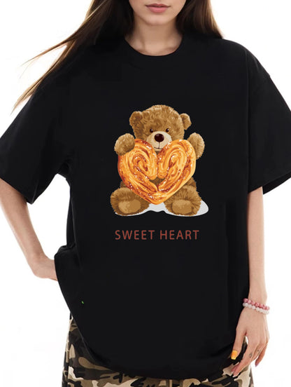 Women Cookies and Cute Bear Print Casual T-Shirt