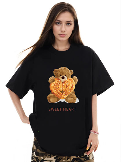 Women Cookies and Cute Bear Print Casual T-Shirt