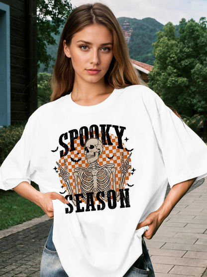 Women SPOOKY SEASON Skull Print Casual Short-Sleeved T-Shirt