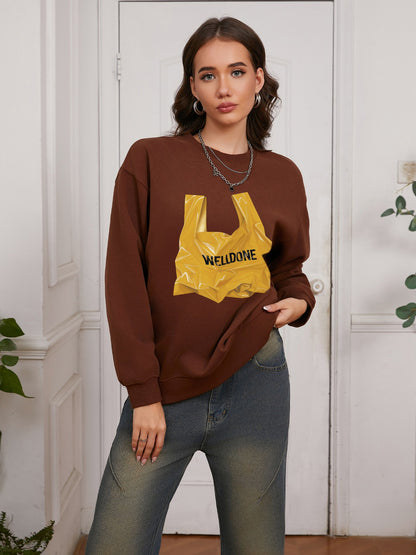 Women Yellow Garbage Bag & Welldone Print Casual Sweatshirt