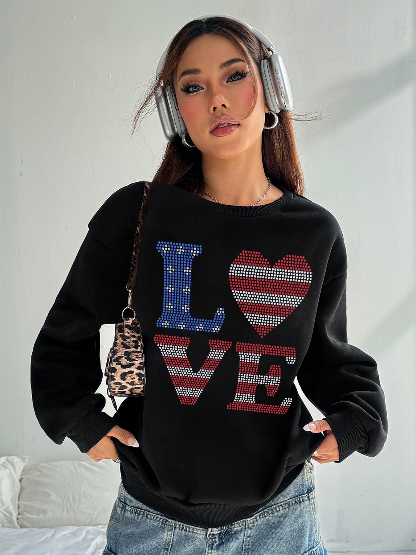 Women Love Letters American Flag Printed Casual Sweatshirt