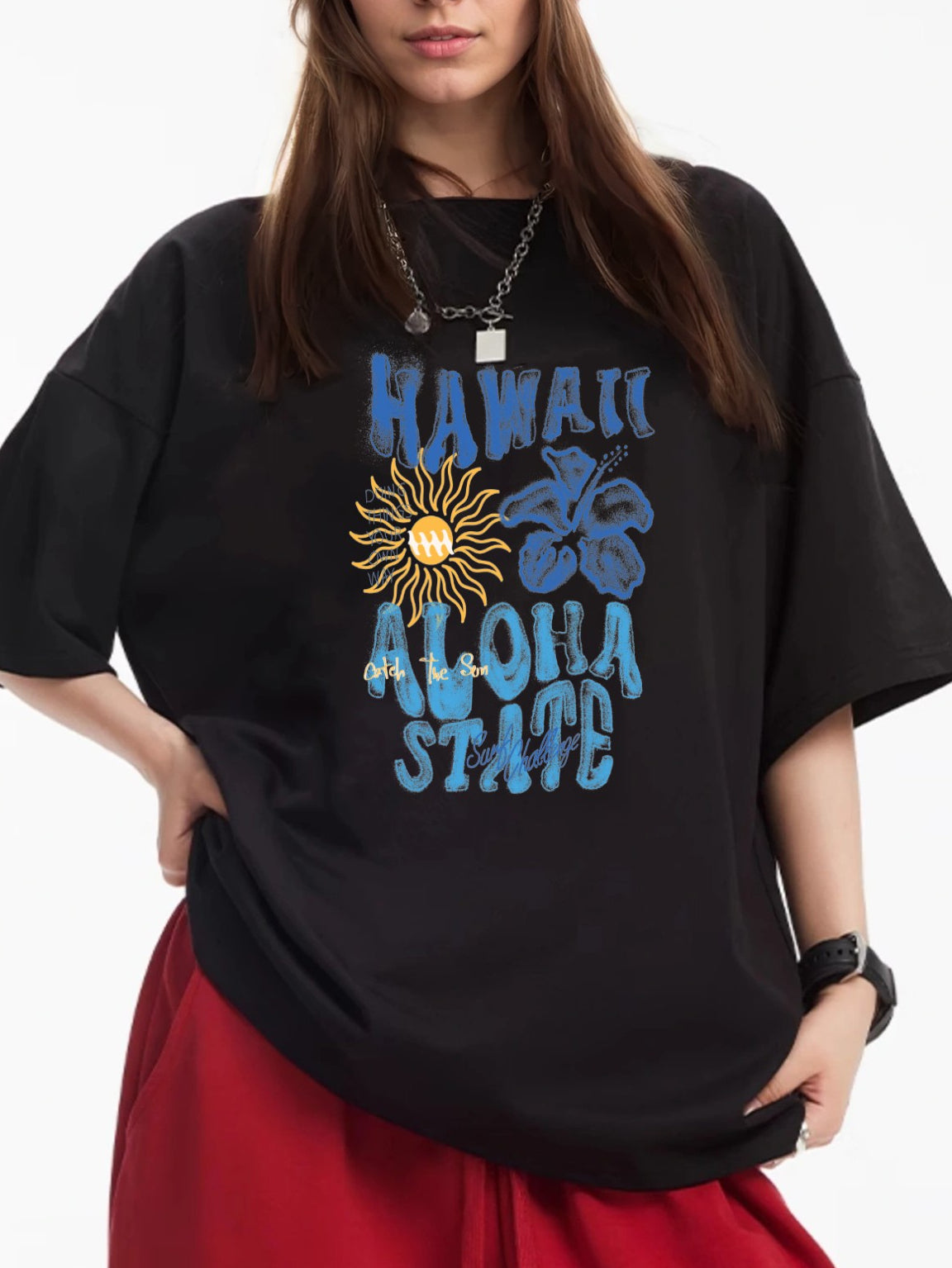 Women HAWAII ALOHA STATE Letter and Flower Print Casual T-Shirt