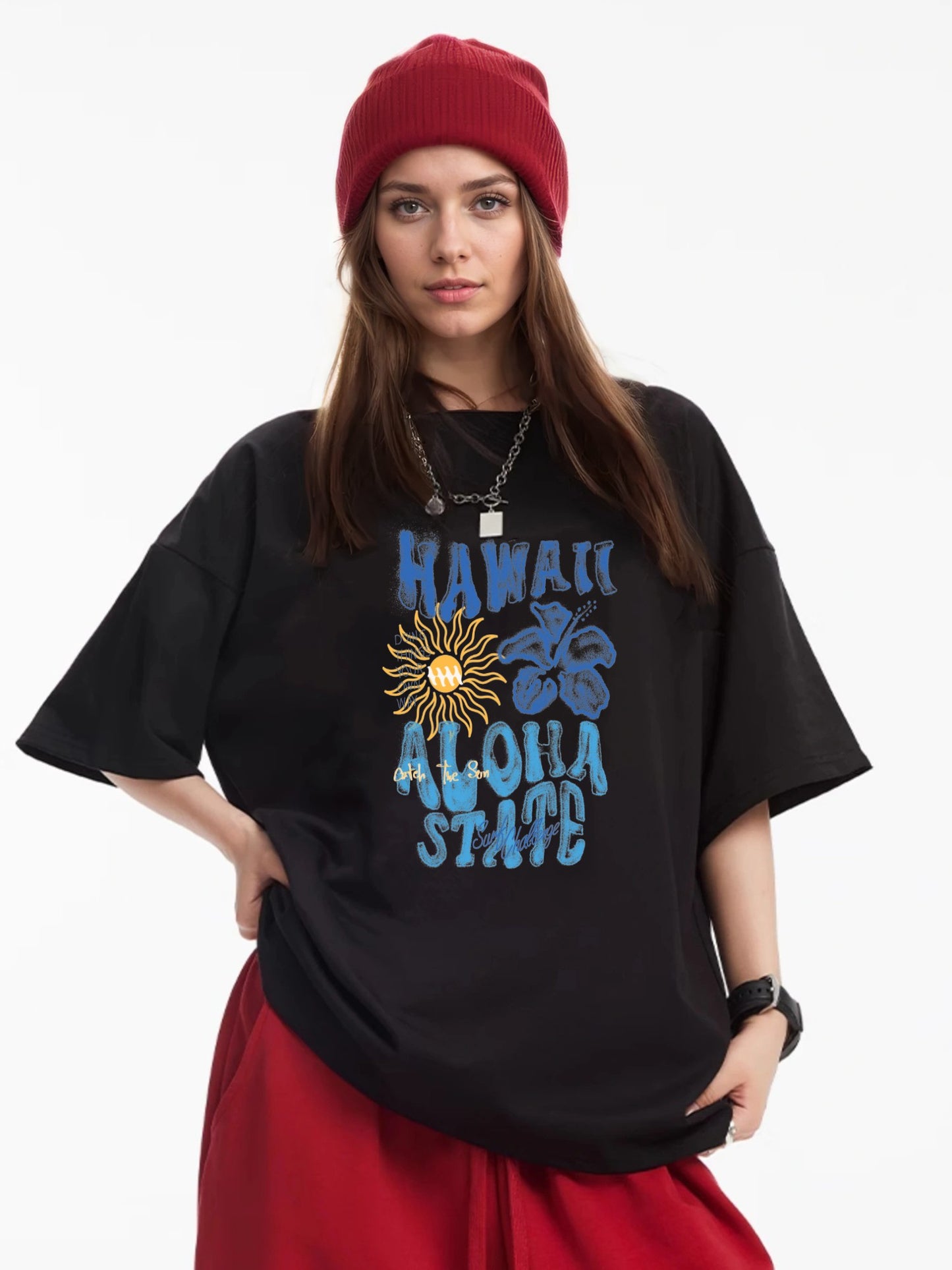 Women HAWAII ALOHA STATE Letter and Flower Print Casual T-Shirt