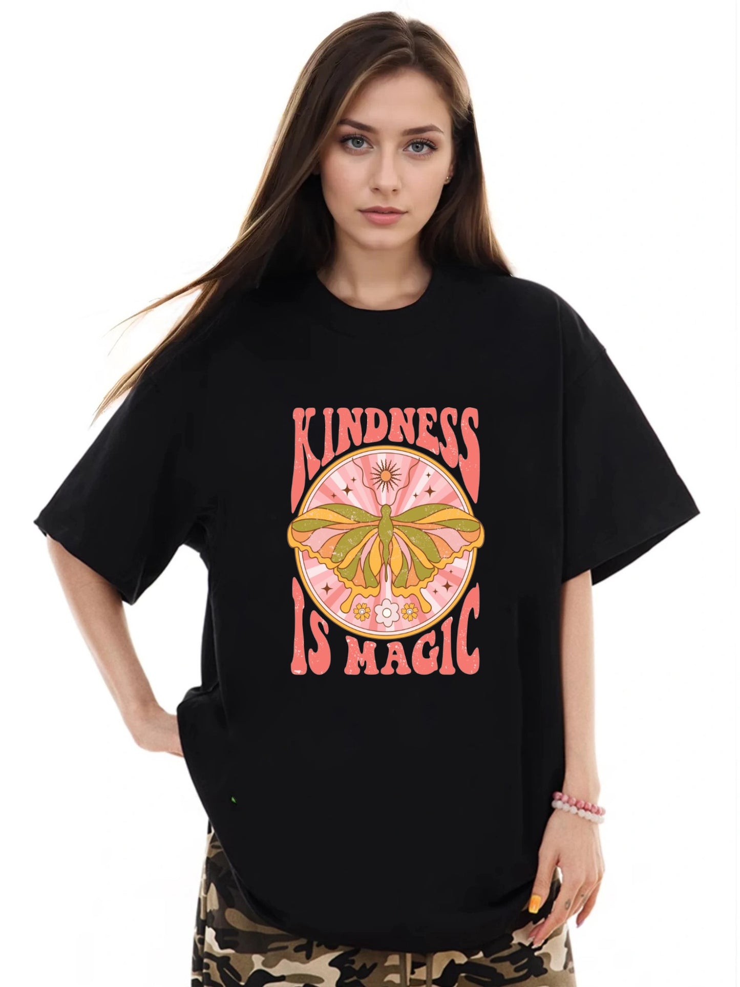 Women KINDNESS IS MAGIC Butterfly Print Casual T-Shirt