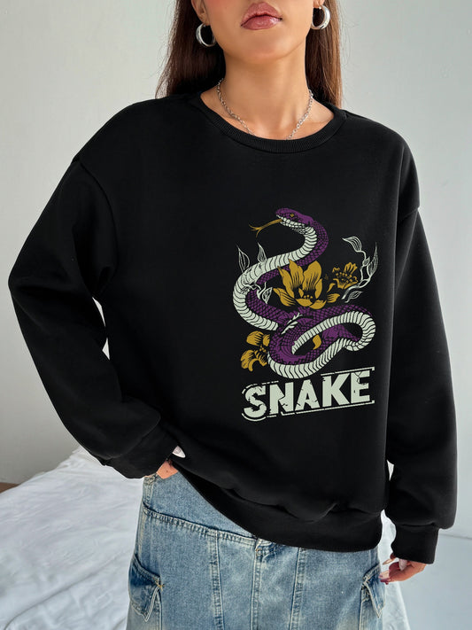 Women Snake Printed Long Sleeve Pullover Crew Neck Pullover