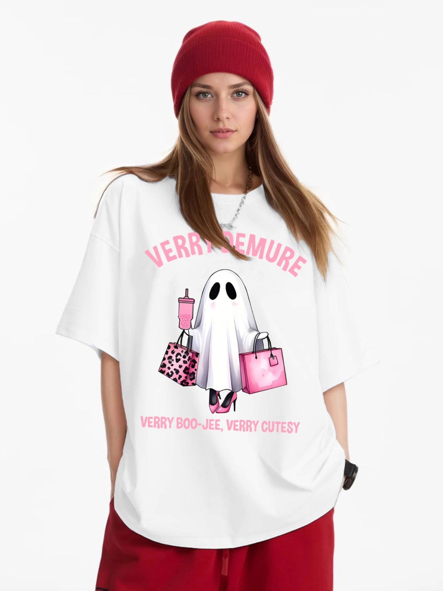 Women Shopping Ghost Cartoon Print Casual Short-Sleeved T-Shirt