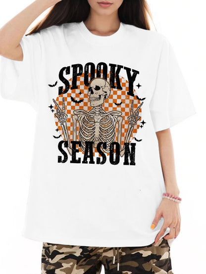 Women SPOOKY SEASON Skull Print Casual Short-Sleeved T-Shirt