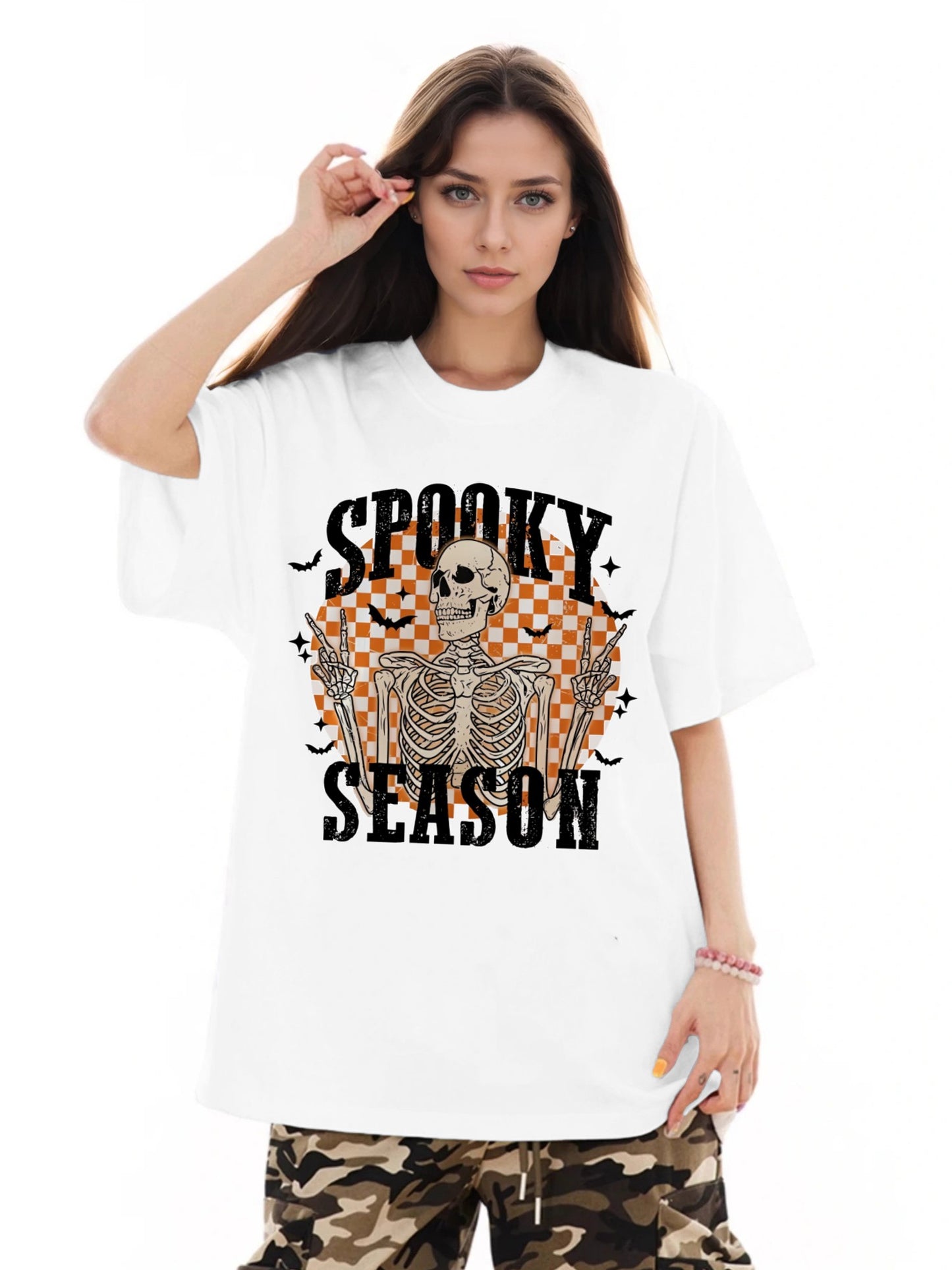 Women SPOOKY SEASON Skull Print Casual Short-Sleeved T-Shirt