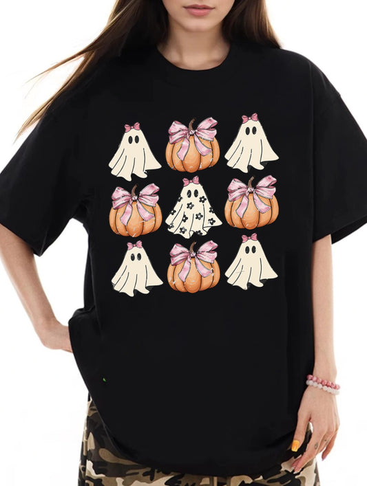 Women Cute Ghost and Pumpkin Print Casual T-Shirt