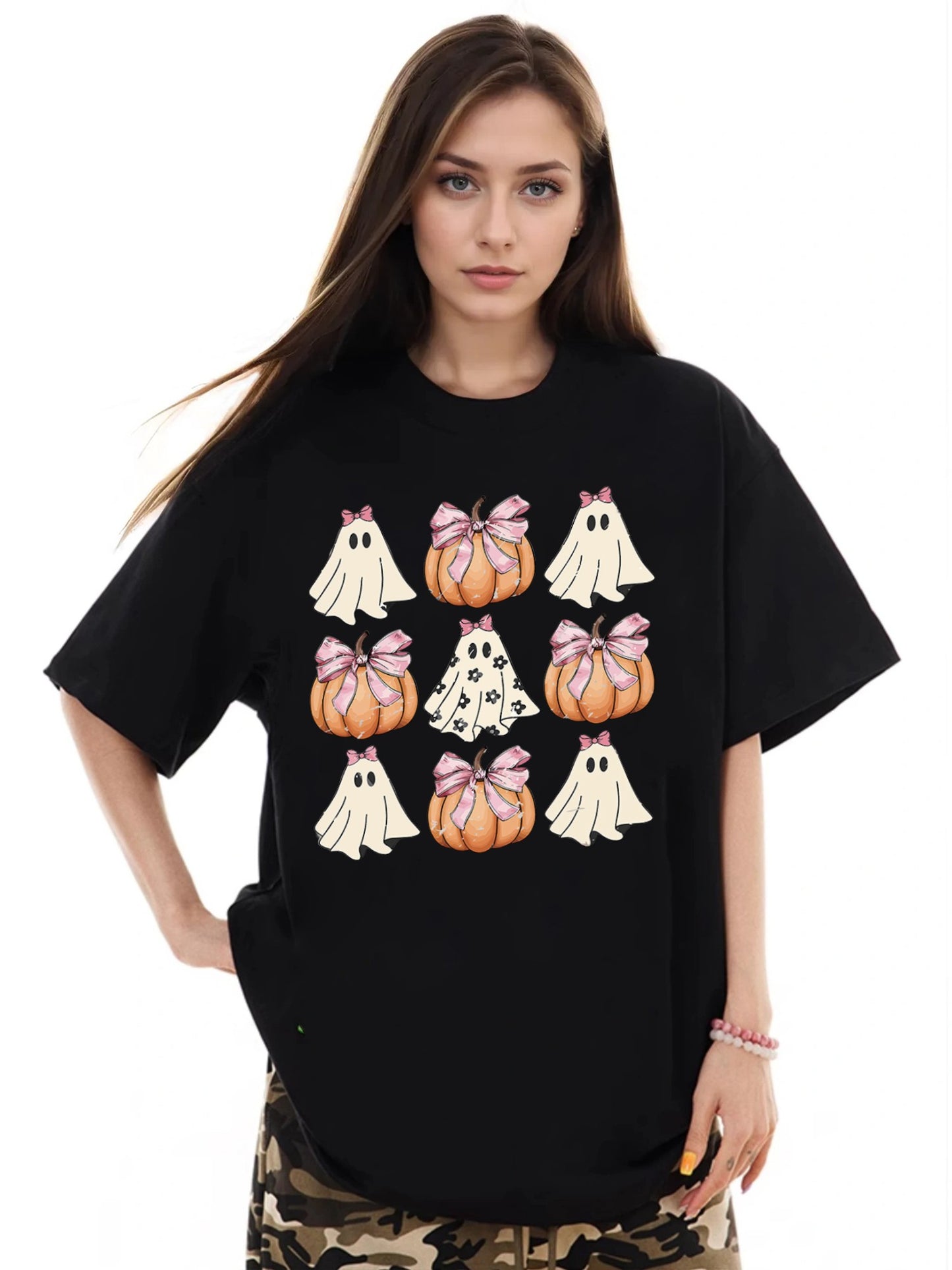 Women Cute Ghost and Pumpkin Print Casual T-Shirt