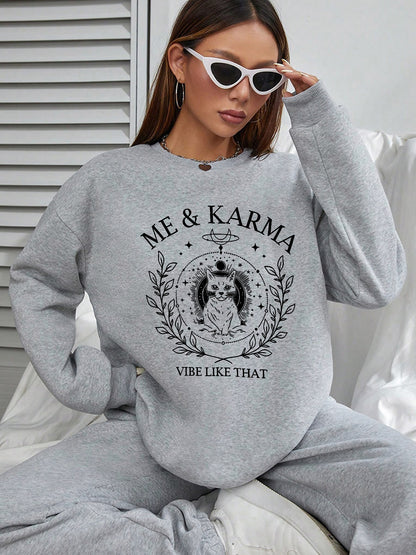 Women Me & Karma Cat Printed Polyester Casual Pullover