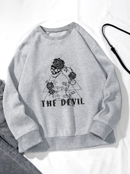 Women Skull and Floral The Devil Printed Oversized Sweatshirts Casual Pullovers