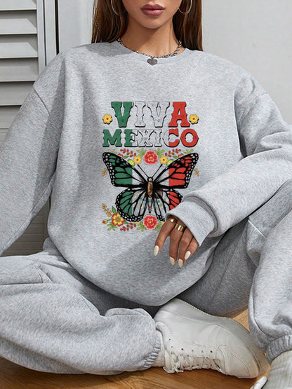 Women Viva Mexico Floral and Butterfly Print Casual Sweatshirt