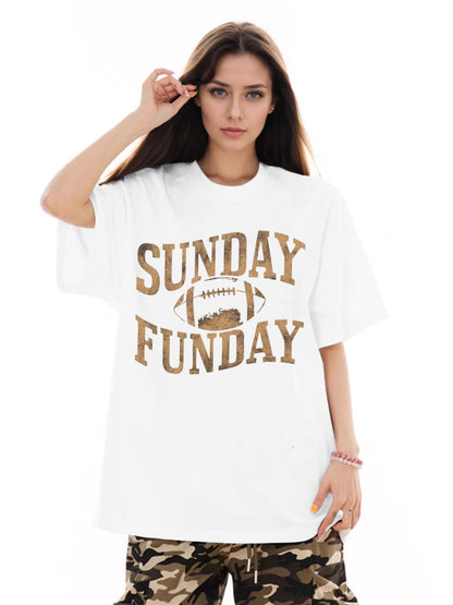 Women SUNDAY FUNDAY Rugby Print Casual T-Shirt