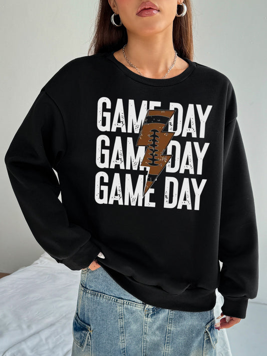 Women Game Day Football Print Casual Long Sleeve Pullover Sweatshirt