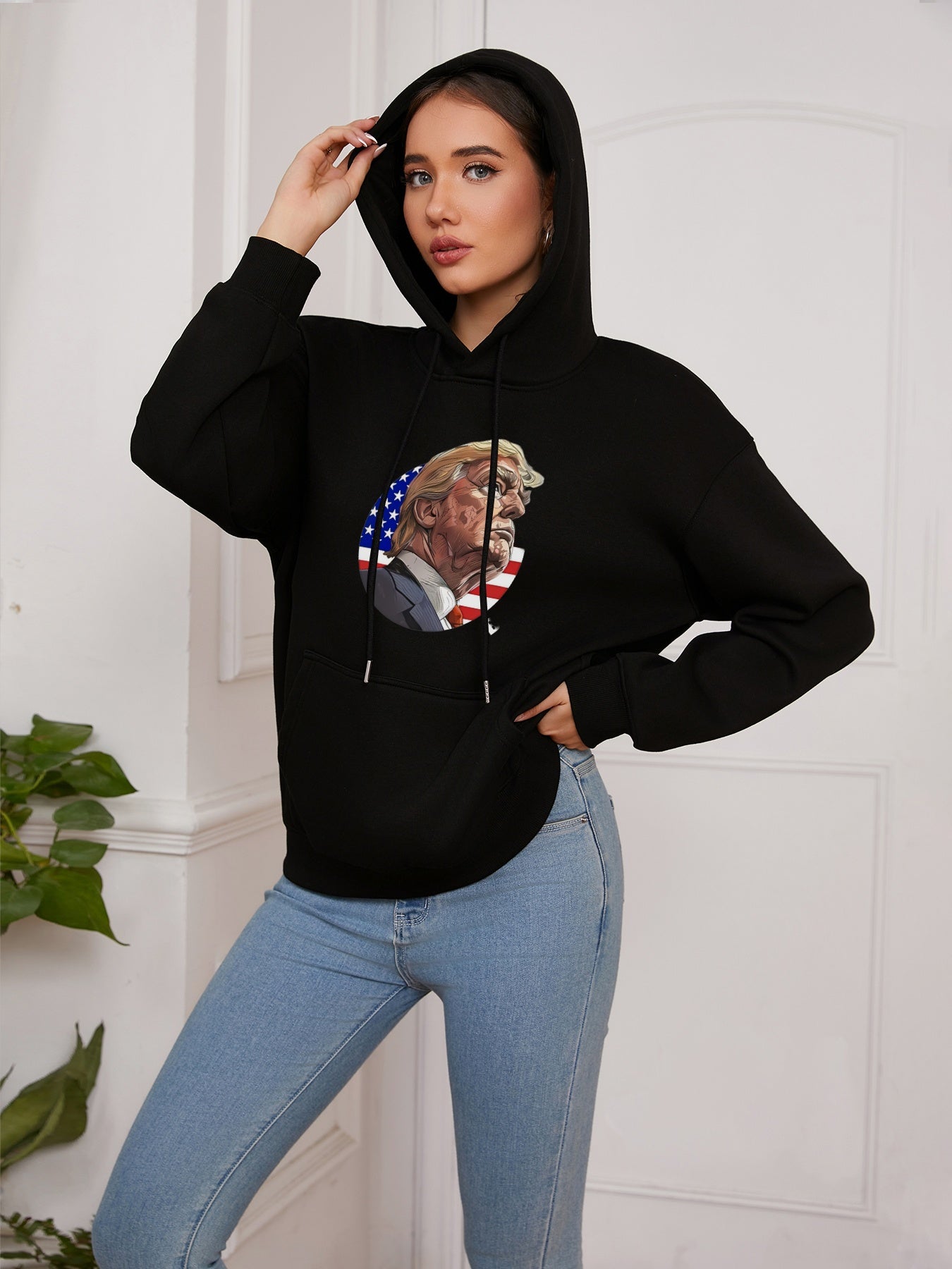 Women Circle American Flag and Trump Print Casual Hoodie