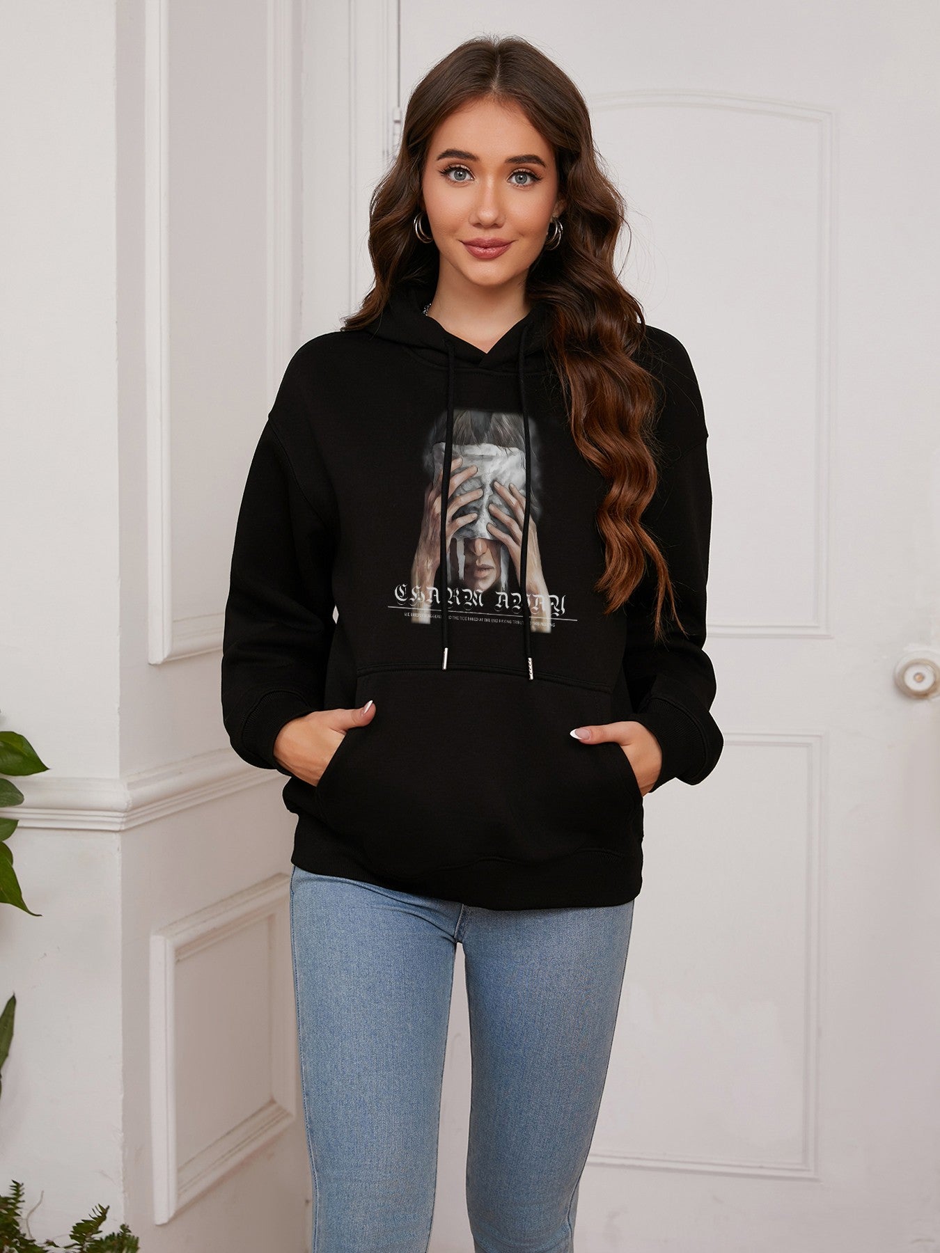 Women Face-Covering Portrait Print Casual Hooded Sweatshirt Hoodie