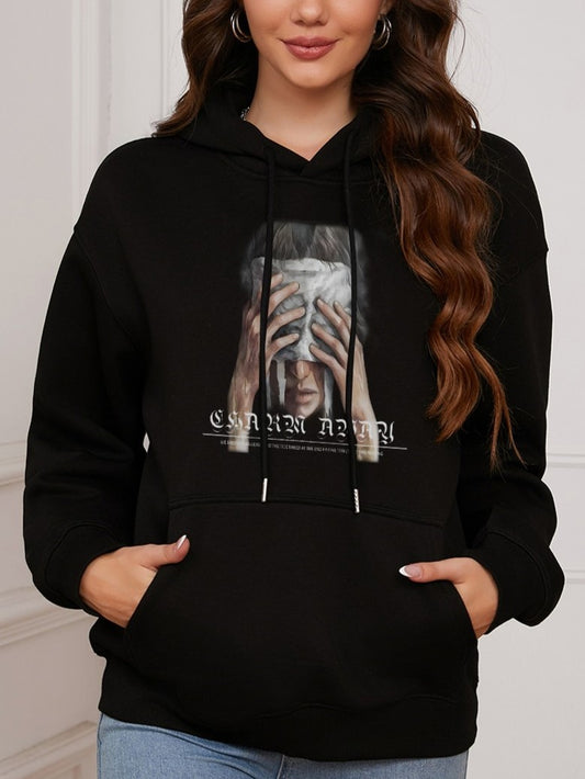 Women Face-Covering Portrait Print Casual Hooded Sweatshirt Hoodie