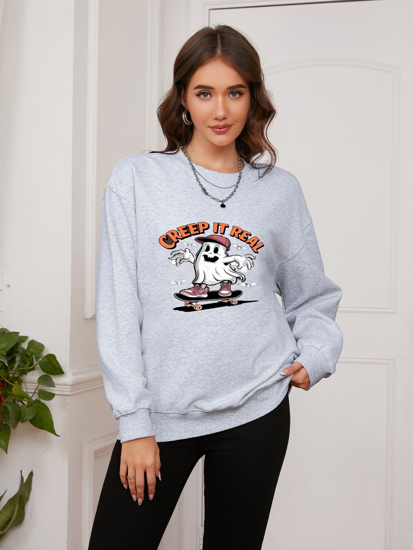 Women Ghost Skateboarding Print Casual Sweatshirt