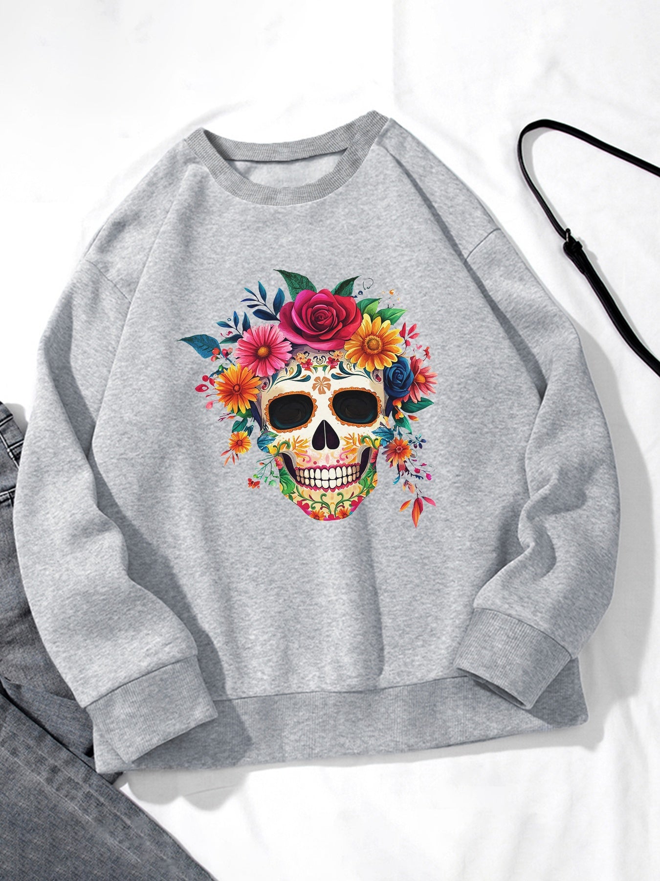 Women Skull and Flower Printed Crew Neck Casual Sweatshirt