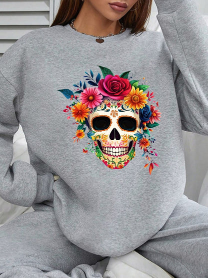 Women Skull and Flower Printed Crew Neck Casual Sweatshirt