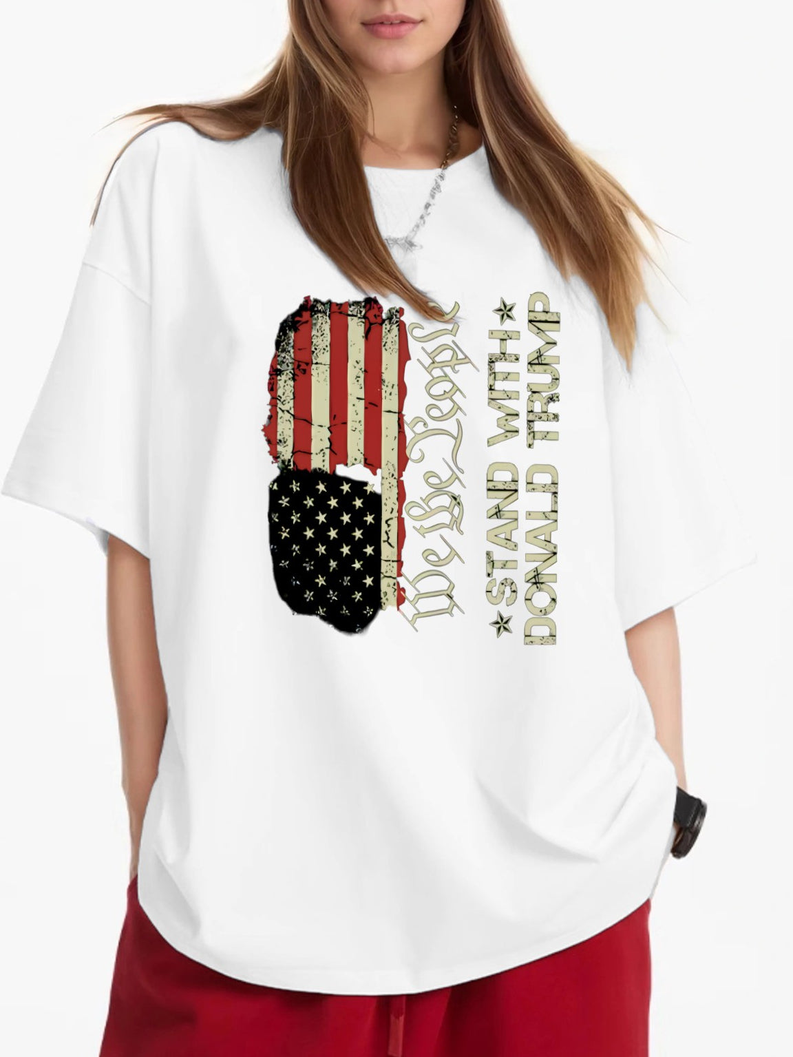 Women Stand With Trump and American Flag Print Casual T-Shirt