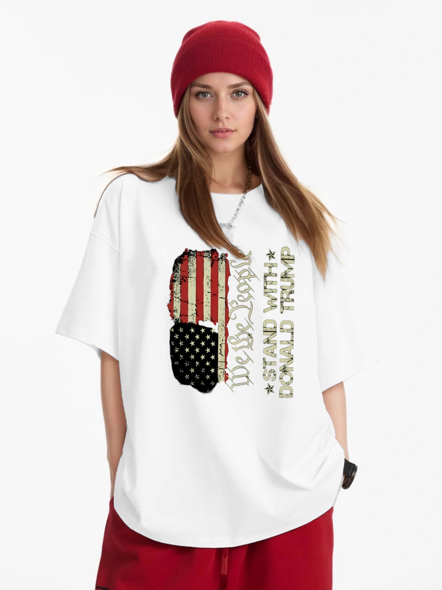 Women Stand With Trump and American Flag Print Casual T-Shirt