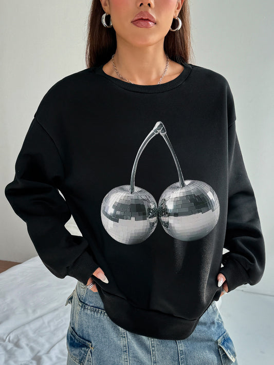 Women Metal Cherries Printed Oversized Sweatshirts Casual Pullovers