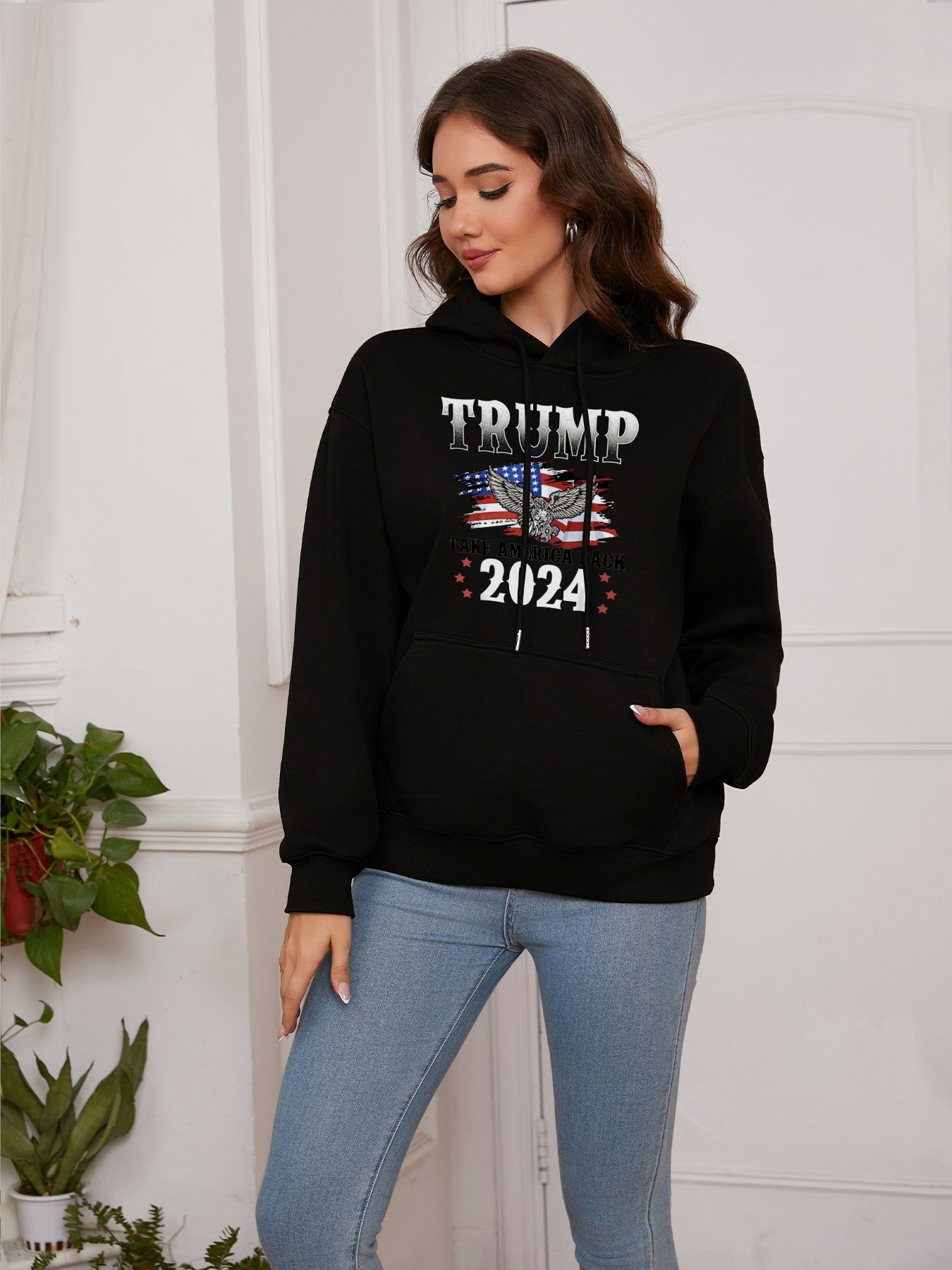 Women America Flag and Eagle and Trump Take America Back Print Casual Hoodie