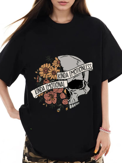 Women Half Skull Half Flower Printed Casual Short Sleeve T-Shirt