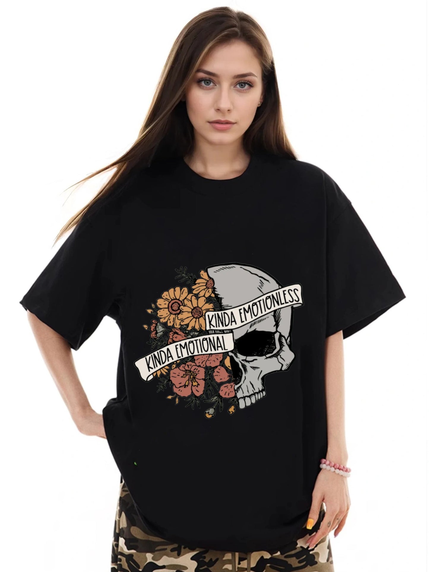 Women Half Skull Half Flower Printed Casual Short Sleeve T-Shirt