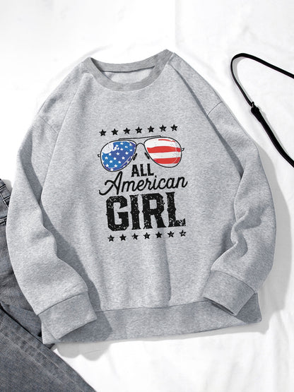 Women All American Girl and American Flag Sunglasses Print Casual Sweatshirt