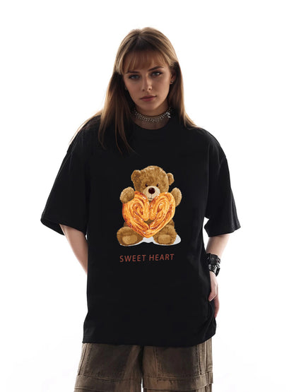 Women Cookies and Cute Bear Print Casual T-Shirt