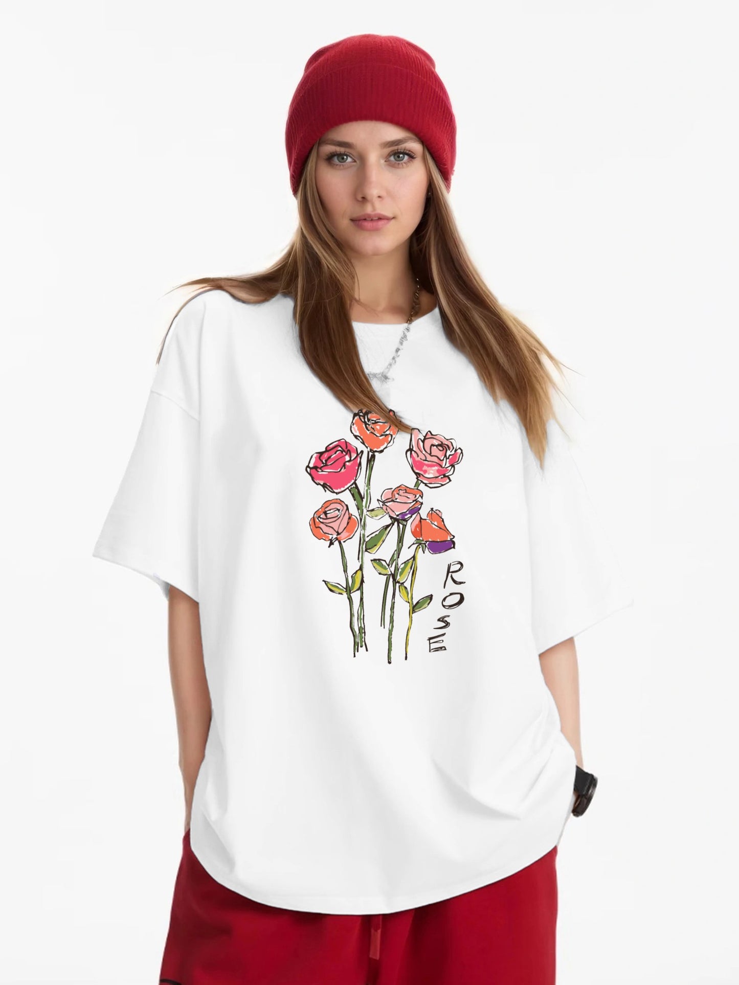 Women Rose Print Casual Regular T-Shirt