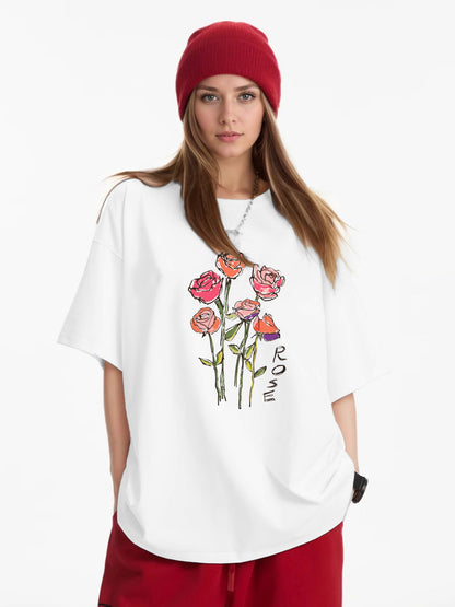 Women Rose Print Casual Regular T-Shirt