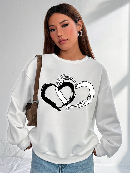 Women Heart Printed Long Sleeve Casual Pullover