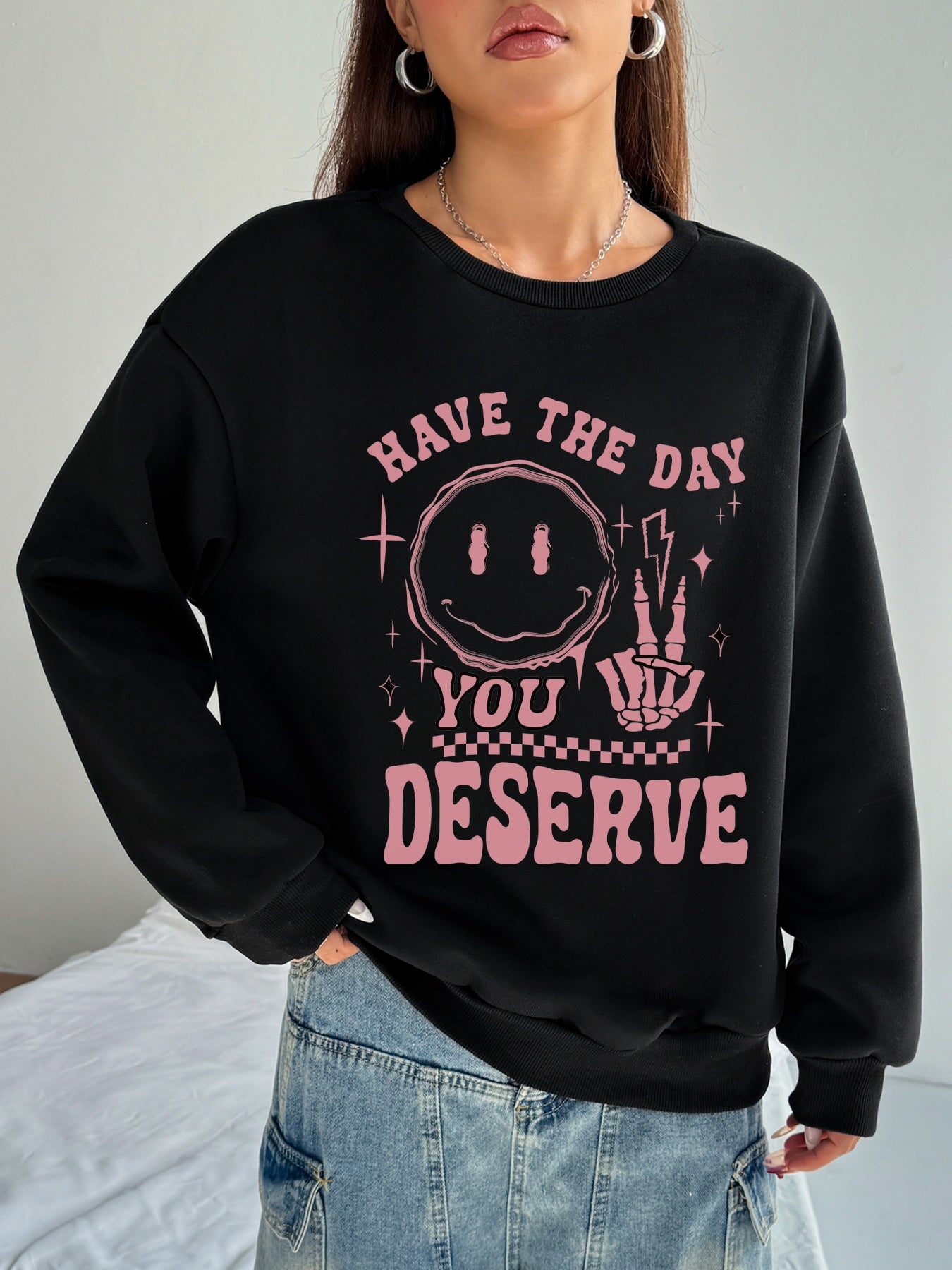 Women Have The Day You Deserve Smiley Skull Print Casual Sweatshirt