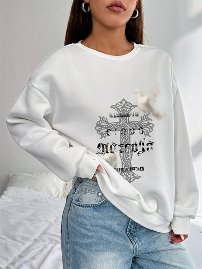 Women White Dove Cross Printed Crew Neck Pullover