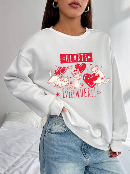 Women Cute Cat HEARTS Print Casual Sweatshirt