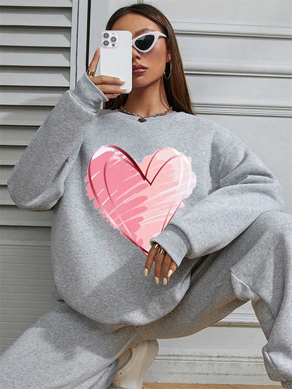 Women Pink Heart Printed Casual Sweatshirt