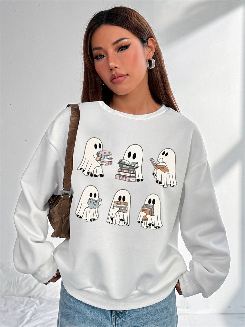 Women Cute Ghost Reading Print Casual Sweatshirt