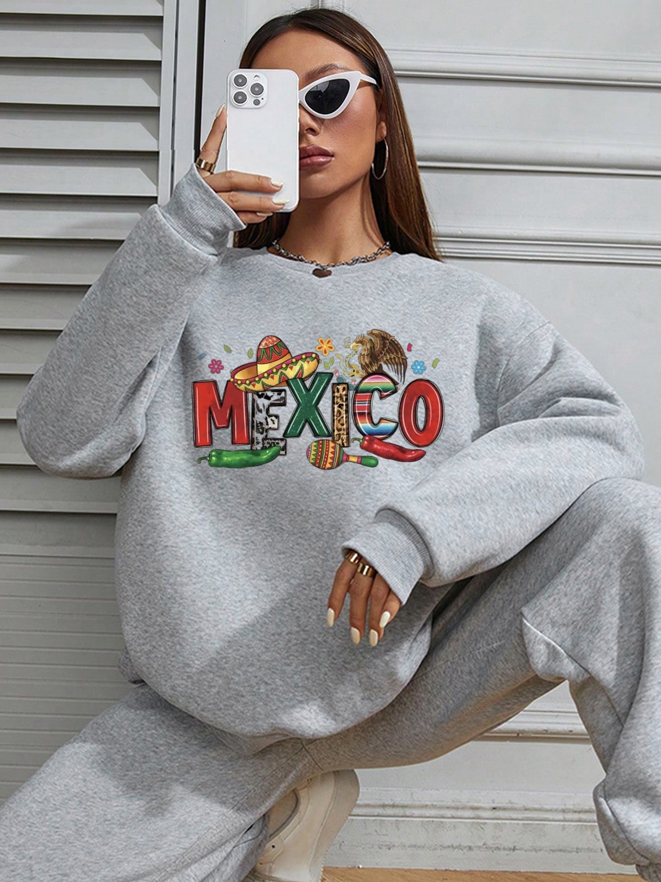 Women Mexico Colorful Contrasting Color Personalized Letter Print Sweatshirt