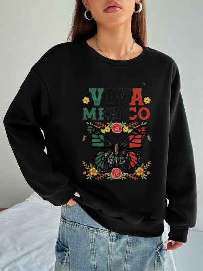 Women Viva Mexico Floral and Butterfly Print Casual Sweatshirt