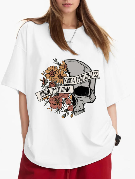 Women Half Skull Half Flower Printed Casual Short Sleeve T-Shirt