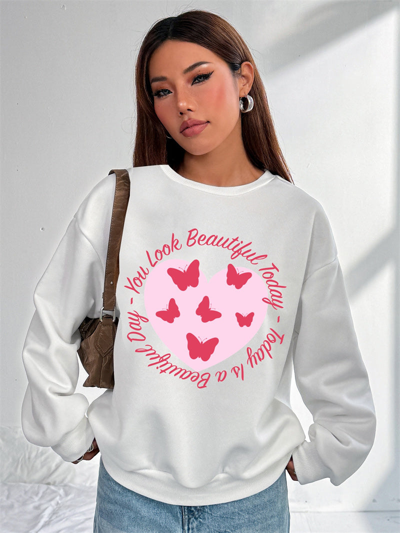 Women Heart Butterfly Print Casual Sweatshirt