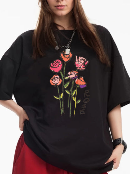 Women Rose Print Casual Regular T-Shirt