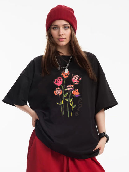 Women Rose Print Casual Regular T-Shirt