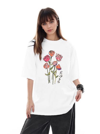 Women Rose Print Casual Regular T-Shirt